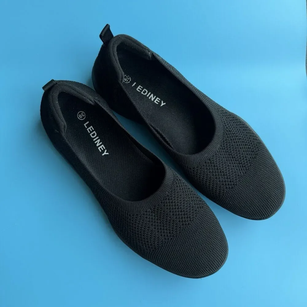 Lediney Women Ballet Flat Black Shoes Knit Slip On Ballerina Breathable EU 39